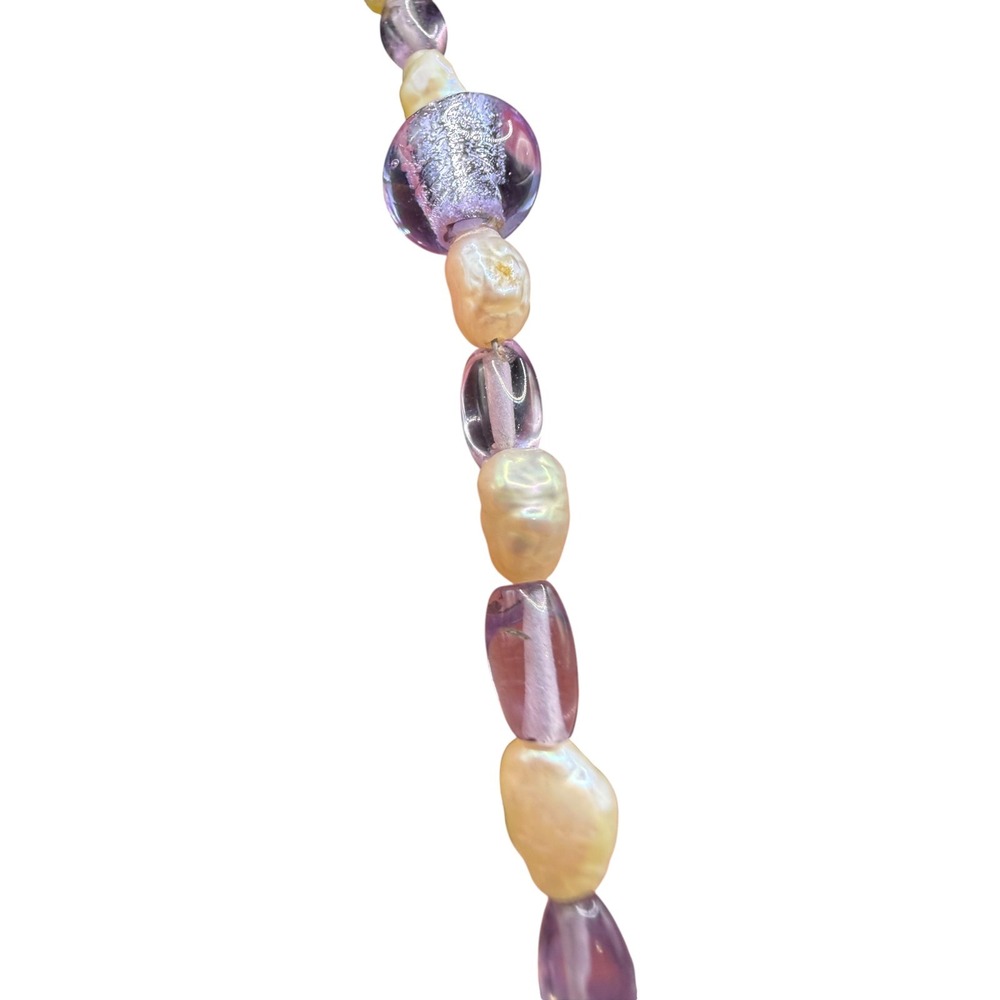 Artisan Venetian Glass Silver Foil Square Bead & Freshwater Pearl Necklace 19" - Picture 4 of 15